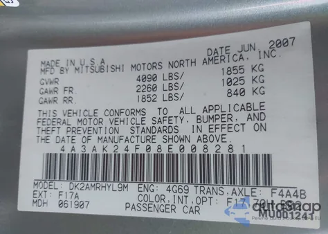 2008 Mitsubishi Eclipse Gs z USA, uszkodzony, nr VIN 4A3AK24F08E008281